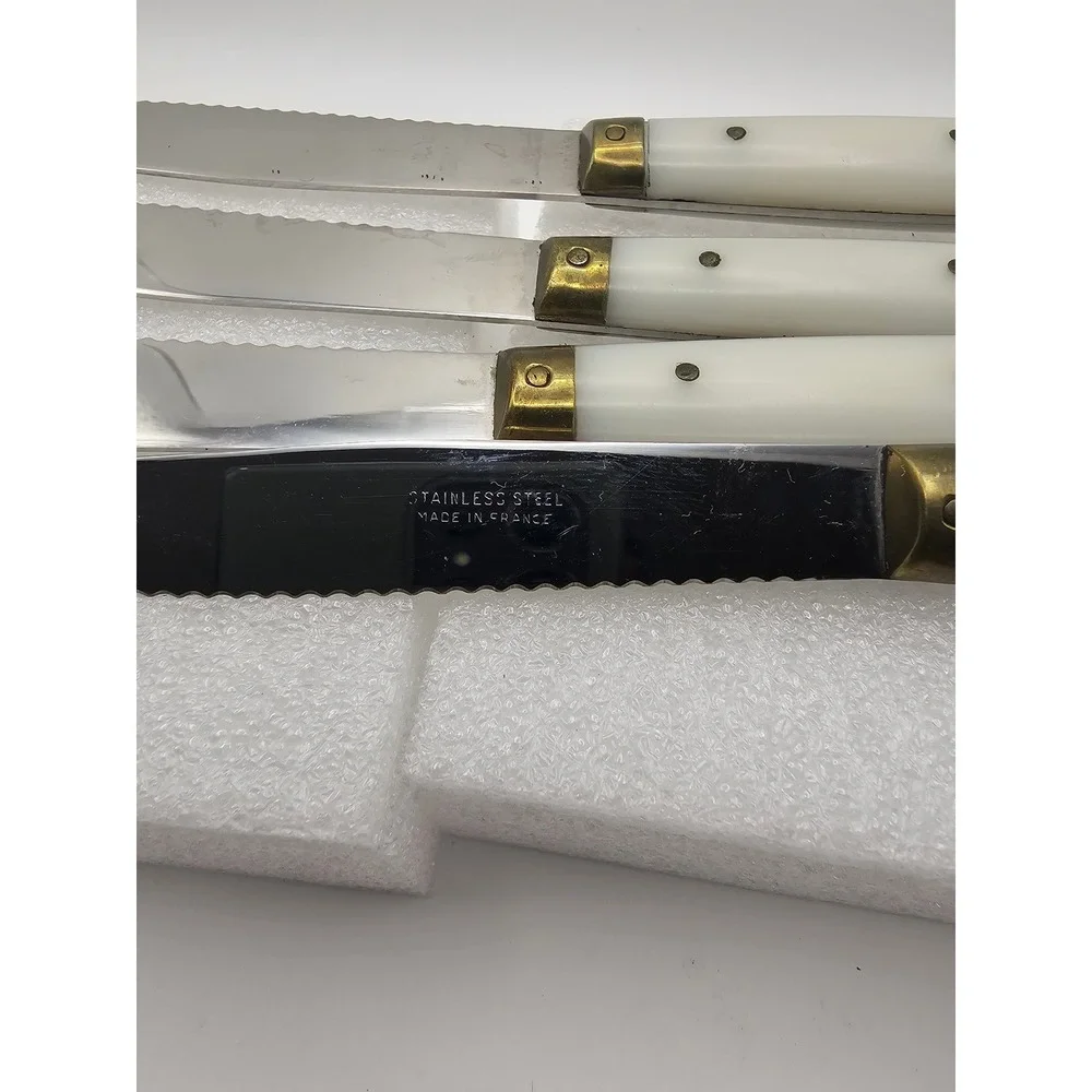 Vintage French Steak Knives Set of 4 Stainless Steel Cream Faux Bone Handles